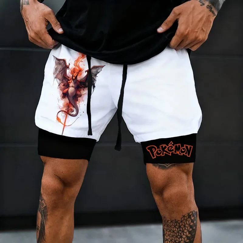 Japanische Anime Pokémon Herren Sommer 2-in-1-Shorts Charizard Graphic Trunks Man Gym Double Deck Shorts Basketball Athletic Shorts