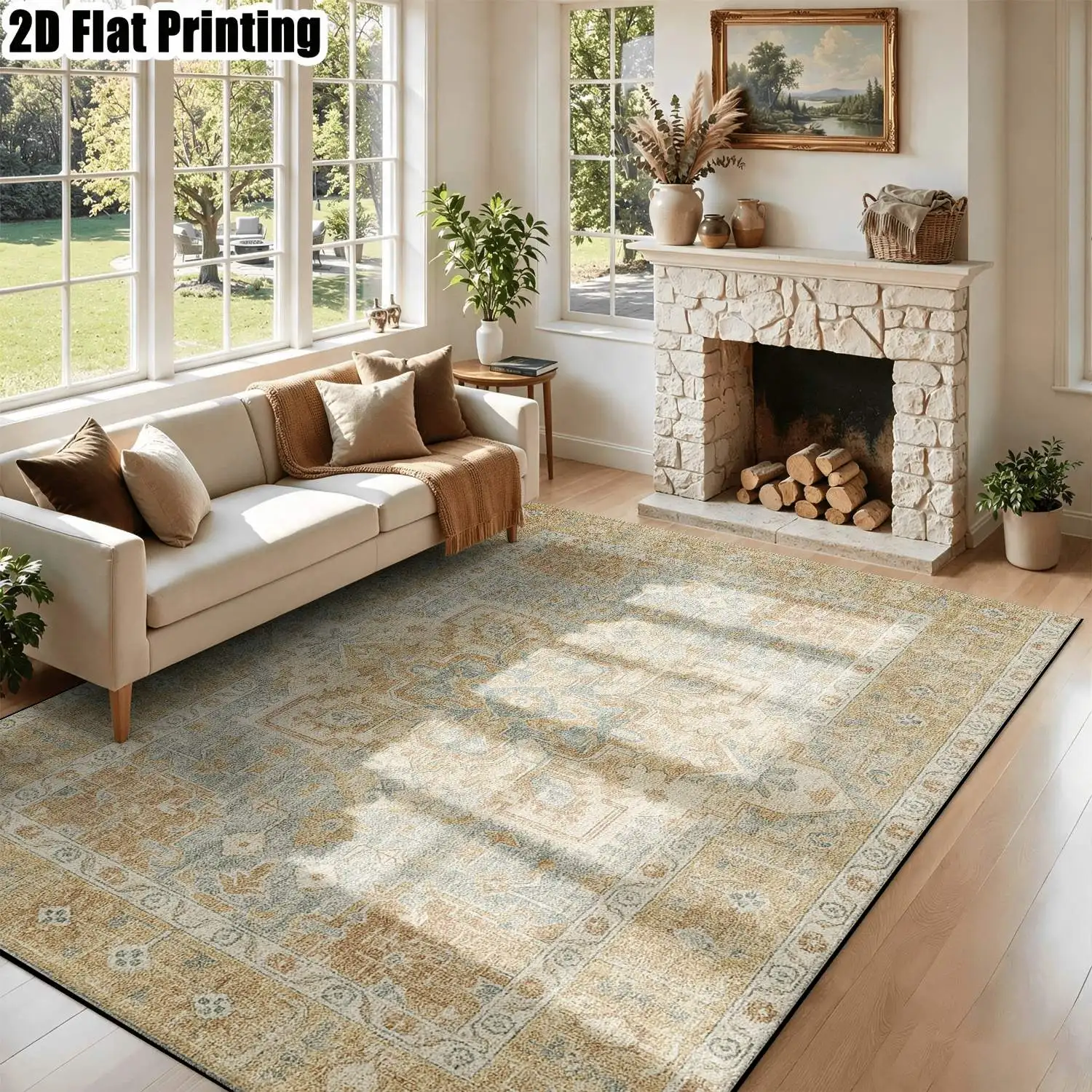 1Pc 2D Printed Retro Beige Geometric Carpet: European-Style Home Decor Rug, Machine Washable, Multi-Size, for Entrance, Dining, Foyer, Bedroom, Living Room