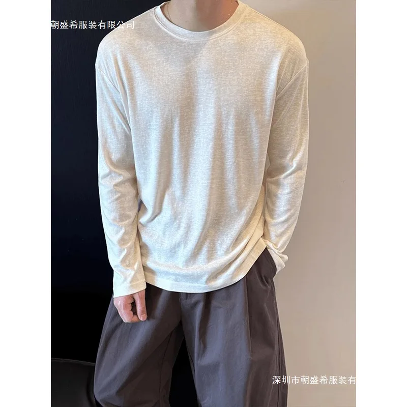Men White Ice Silk Linen Blend Long Sleeve T Shirt Summer Thin Loose Lazy Sun Protection Up