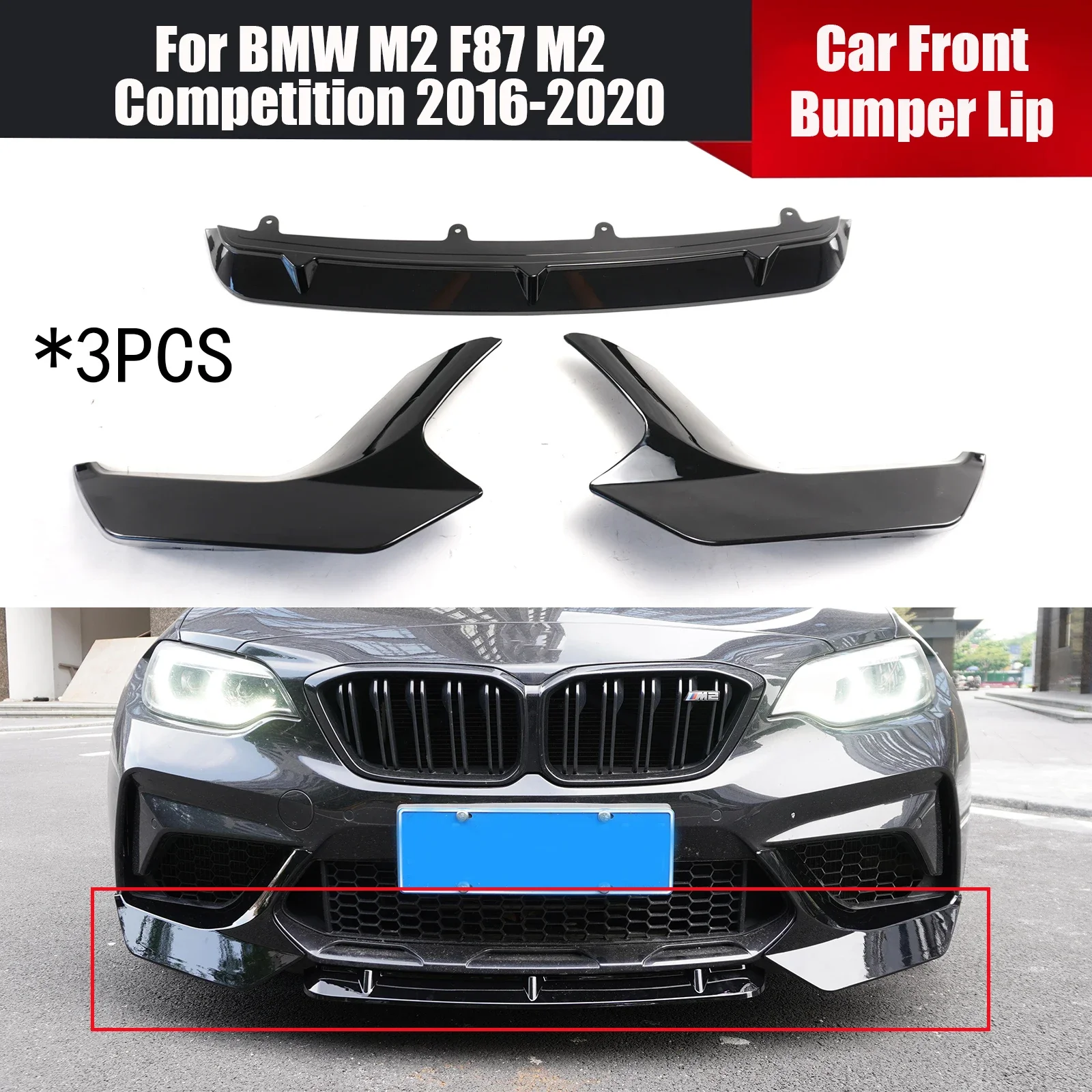 3PCS Car Accessories Front Bumper Lip Spoiler Diffuser Splitter For BMW M2 F87 M2 Competition 2016-2020 Glossy Black Body Kit