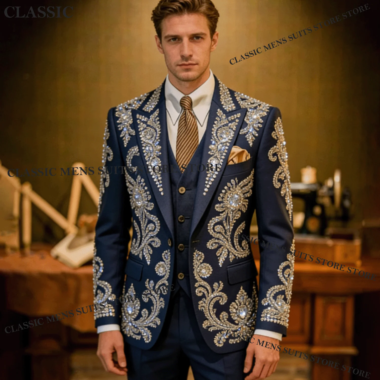 

Sparkly Embroidery Diamond For Men Suit Exquisite Sequin 2 Pieces Groom Male Blazers Ropa hombre Customized Slim Wedding Tuxedos