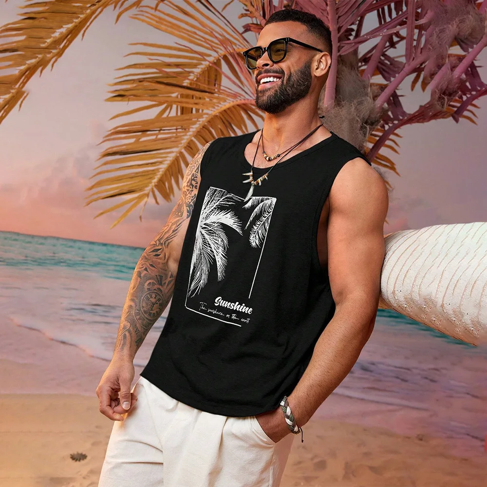 

2024 Hawaii Beach Beach Vacation Style Men's Sleeveless Vest Harajuku Street Fashion Daily Exercise Fitness Breathable Vest