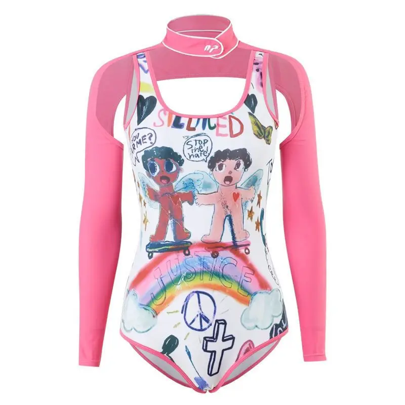 Japanese Kawaii One Piece Printed Swimwear Pink Coat Shawl Sun Protection Women Korean Cartoon Graffiti Bodysuit Girls Swimsuit