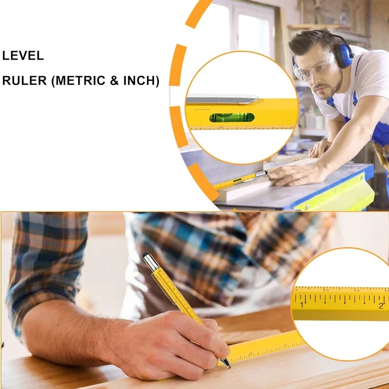 قلم حبر جاف متعدد الوظائف 7 في 1 مع أداة قياس يدوية حديثة ومفك براغي مسطرة تقنية وشاشة تعمل باللمس ومستوى الروح
