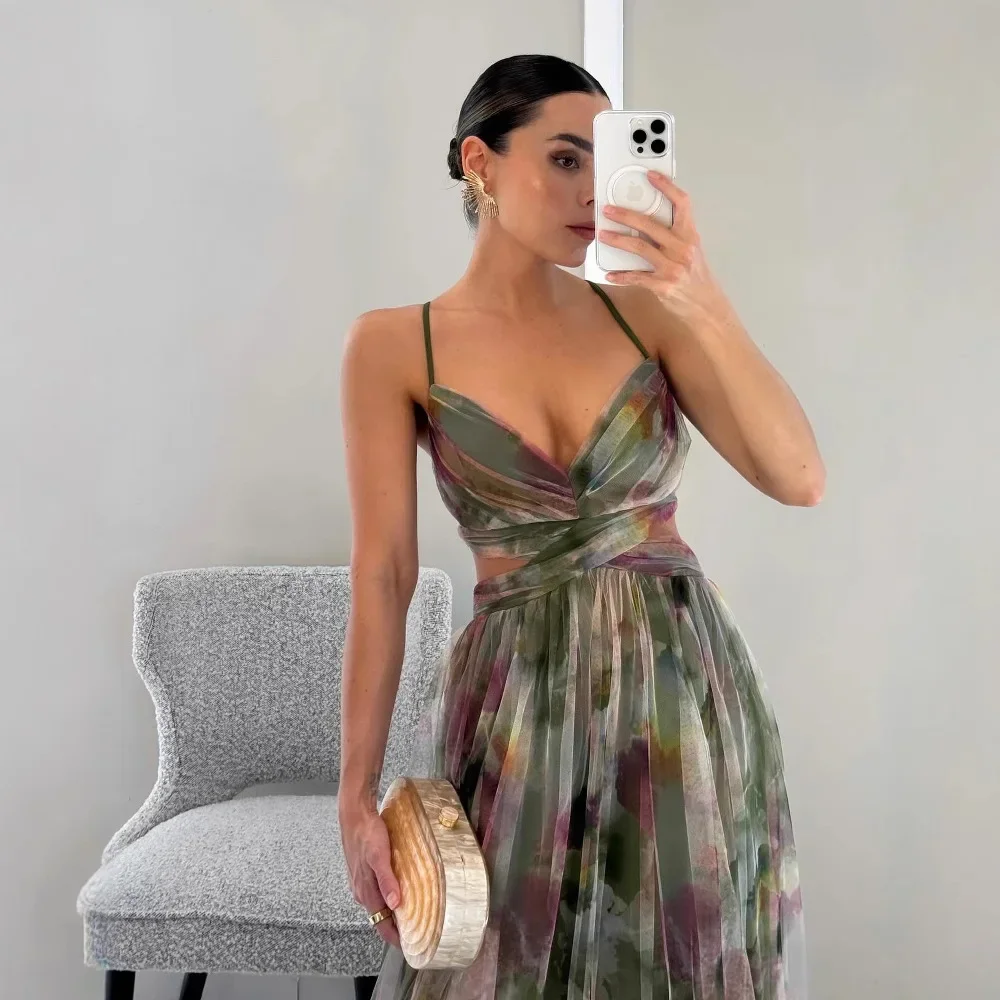 2025 Spring and Summer New Mesh Printed Suspender Dress Holiday Fashion Casual Sexy Party Dress Vestidos De Mujer