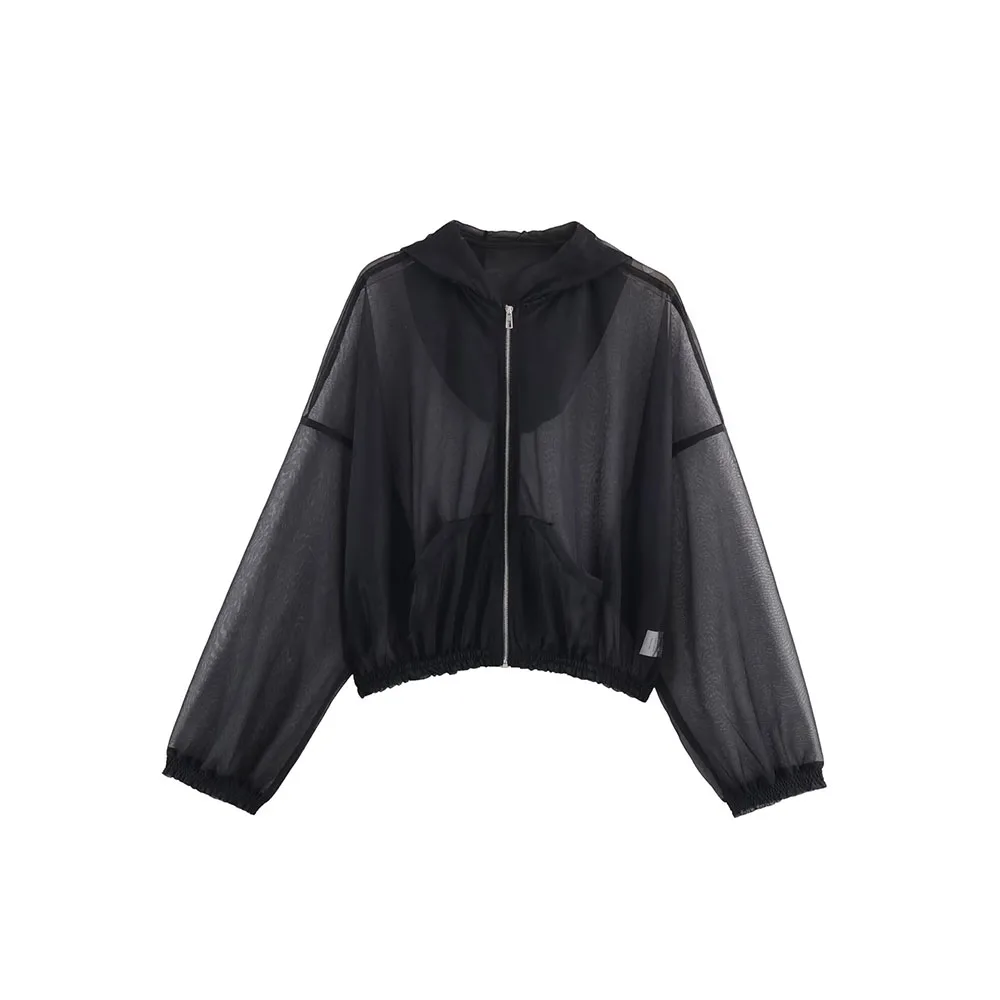 

Осенняя новая женская черная полупрозрачная куртка с капюшоном на молнии