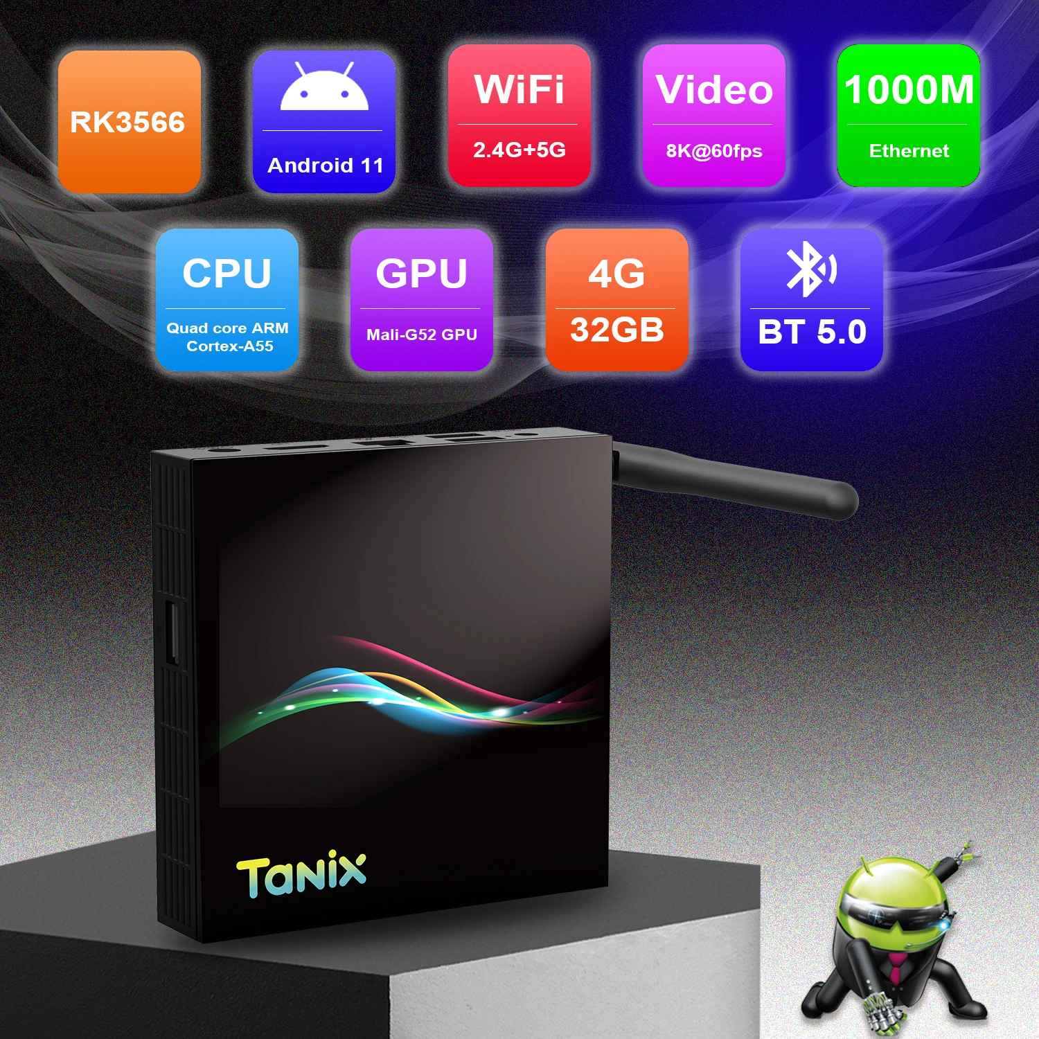 Tanix TX66 RK3566 Android11 Smart TV Box AV1 8K HDR BT 2.4/5G WiFi 1000M Lan TV Prefix fYoutube Netflix Streaming Media Players