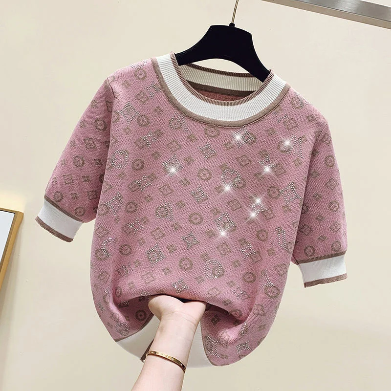 2023 Lente Zomer Vrouwen Trui Mode Korte Mouw Trui Vrouwelijke Gebreide Glitter Stenen T-shirt Femme Vintage Slanke Zomer Tops