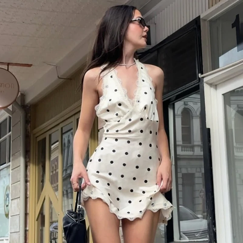 

Ticketsx Polka Dot Lace Trim V-Neck Halter Neck Lace-up Dress Sexy Sweet and Spicy Backless A-line Dress Vacation Party Dress