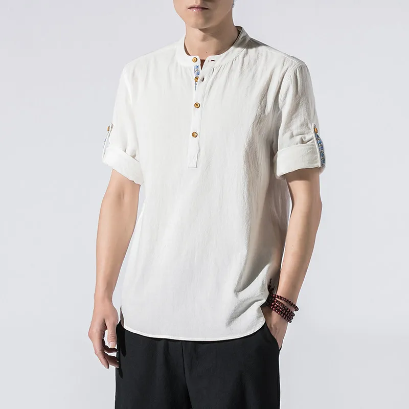 Spring Summer Men's Chinese Style Casual Shirts Solid Color Cotton Stand Collar Half Sleeve Fashion Breathable Shirt Plus Size