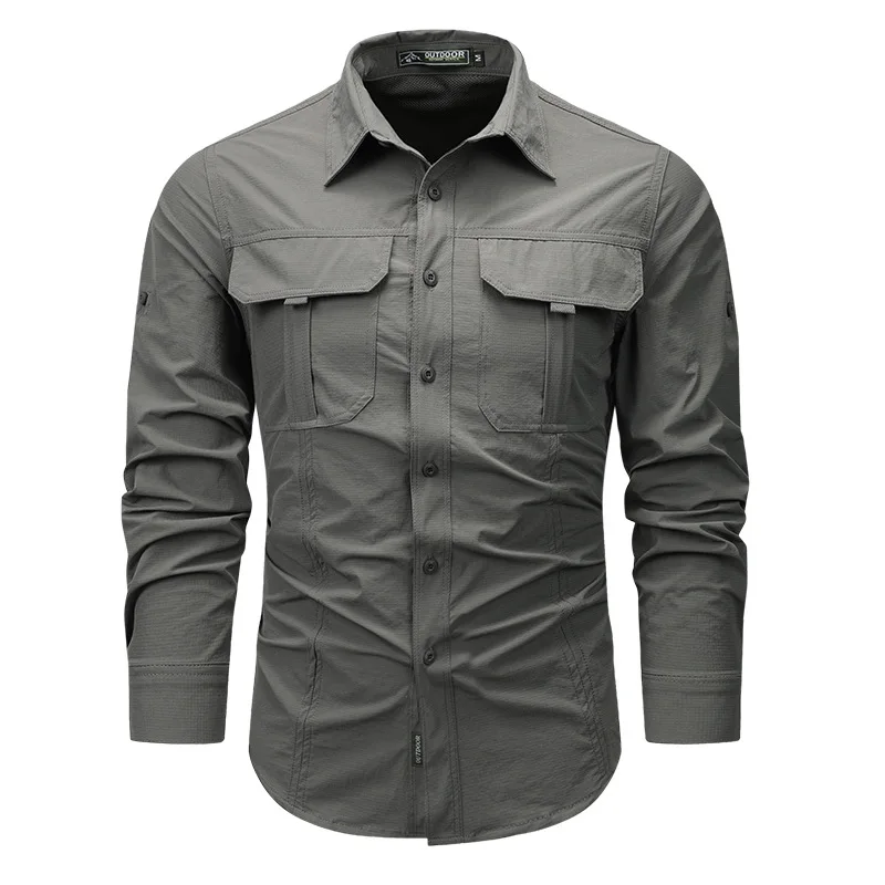 Men's UPF 50+ Fishing Shirts Casual Cargo Hiking Shirt Long Sleeve Button Down Tactical Shirts Men's Blouse for Working Hiking