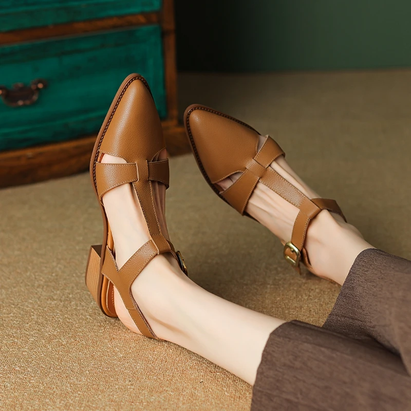 

Women's new summer genuine leather cowhide breathable elastic belt buckle mid heel thick heel toe, Mueller shoes,fashion sandals