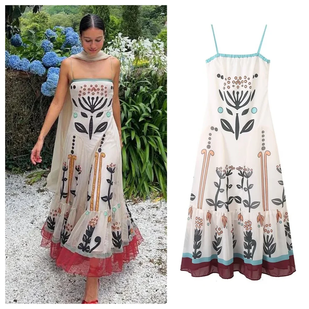 

PB&ZA 2024 New Summer Style Printed Chiffon Patchwork Waist Resort Style Suspender Dress