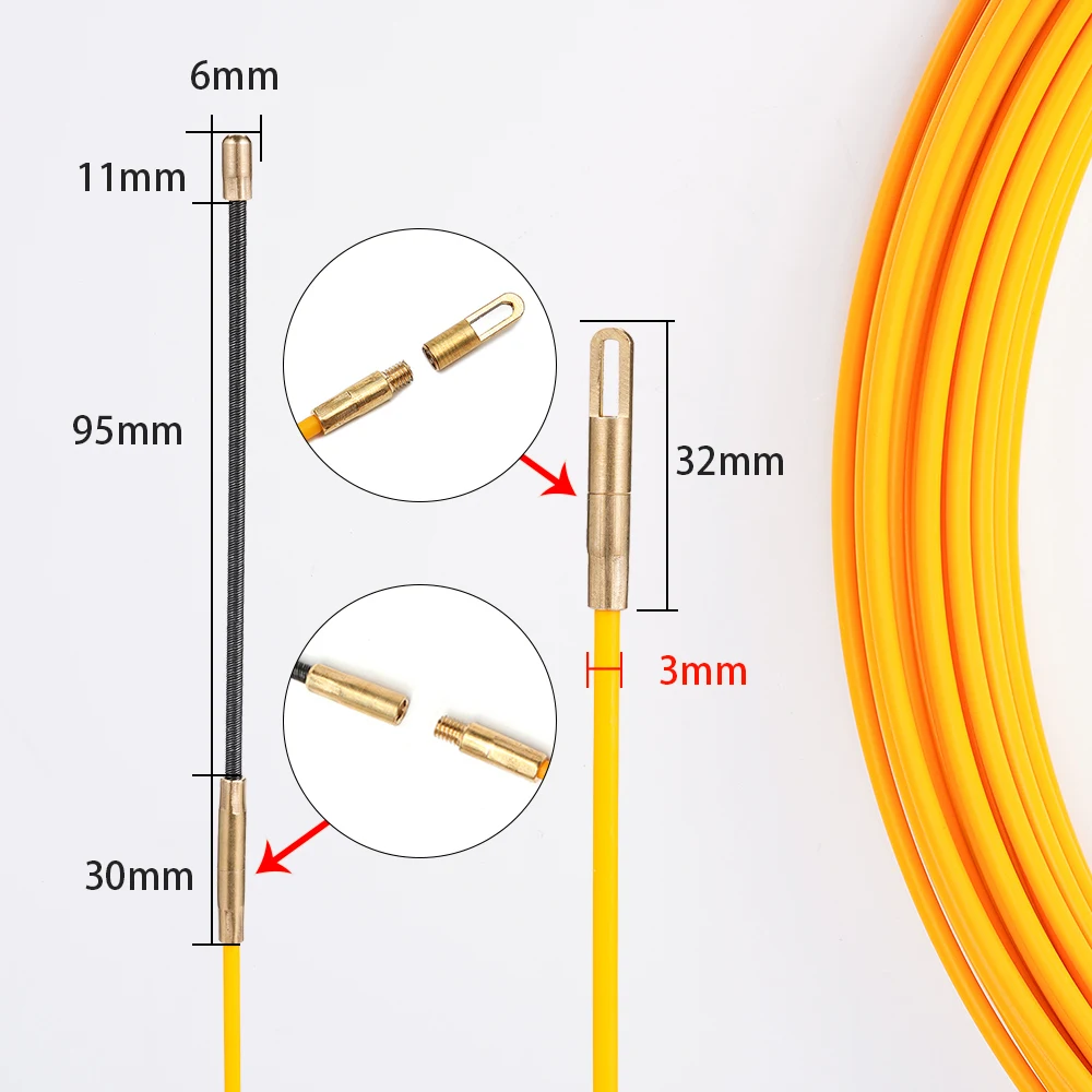 3mmFiberglass Cable Puller Wall Wire Conduit Fish Tape Yellow Cable Cable guide Electrician Pushing Tape 5/10/15/20/25/30/40/50M