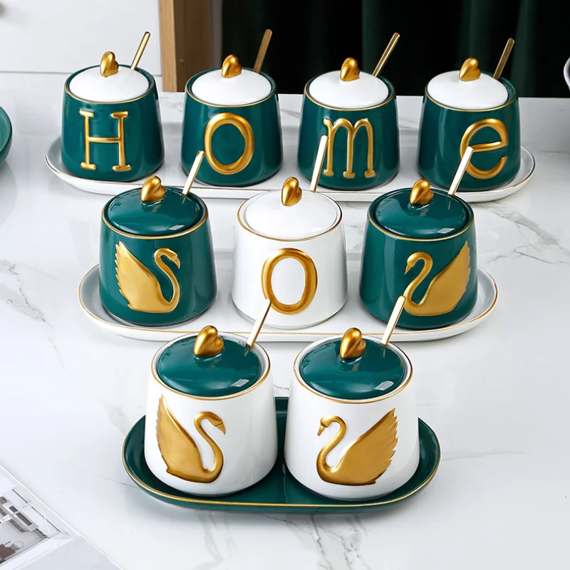 

Salt Pepper Spice Jars Set Pepper Shakers Herbs Storage Ceramic Sugar Container with Spoon Lid Kruidenpotjes Kitchen Organizer