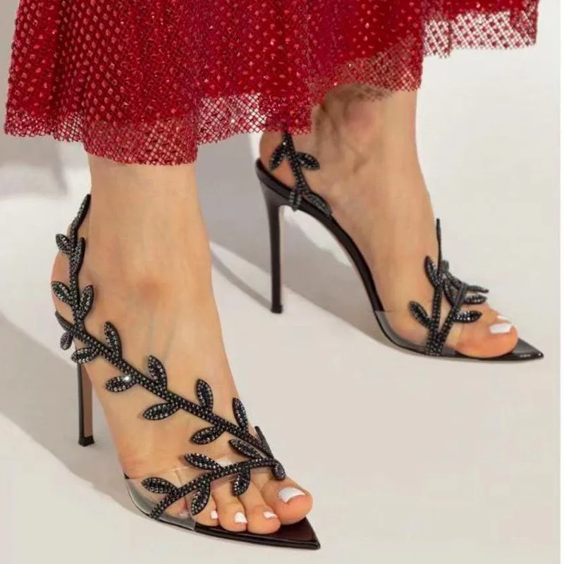 Pointed-tip rhinestone leaf-shaped thin-soled sandals - 2026 new style elegant and fashionable high-heeled shoes