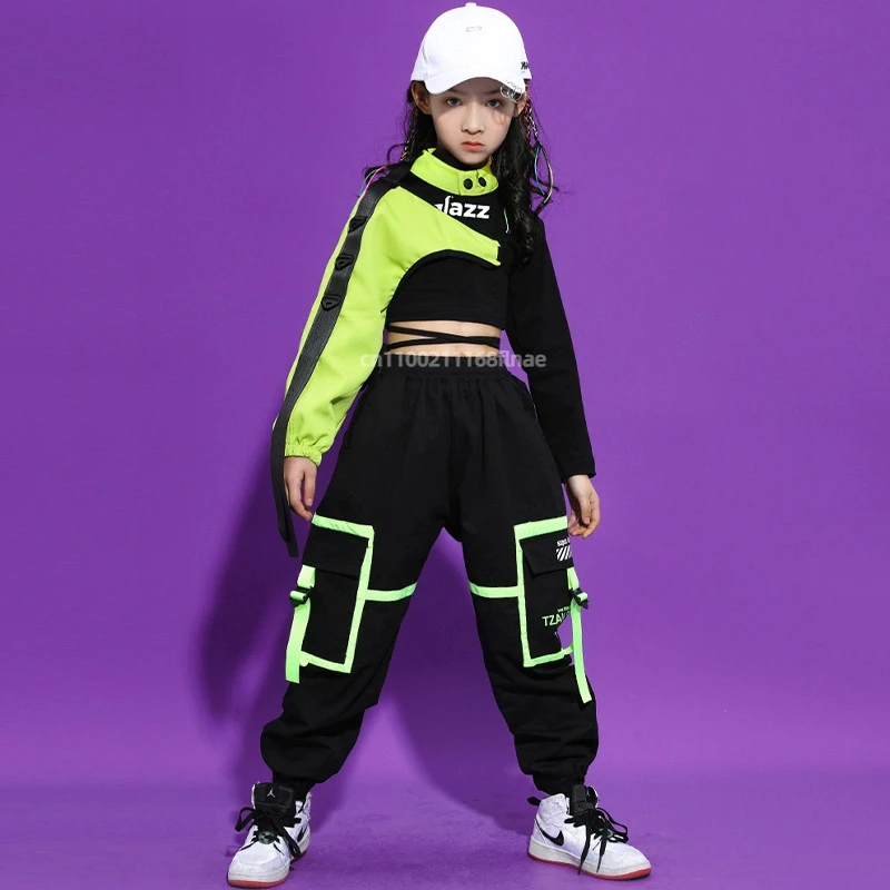 Set da ballo di strada per ragazze, costume da ballo jazz, sfilata di sfilate casual hip-hop per bambini, costume da spettacolo di tendenza con ombelico esposto