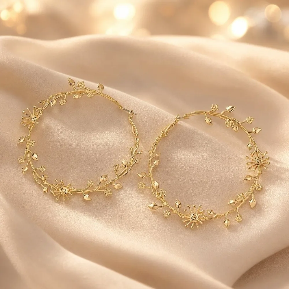 1 Pair Durable Metal Rose Flower Hoop Earring Openwork Gold Plated Thorn Vine Earring Bohemian Earring Women's Fashion Accessory