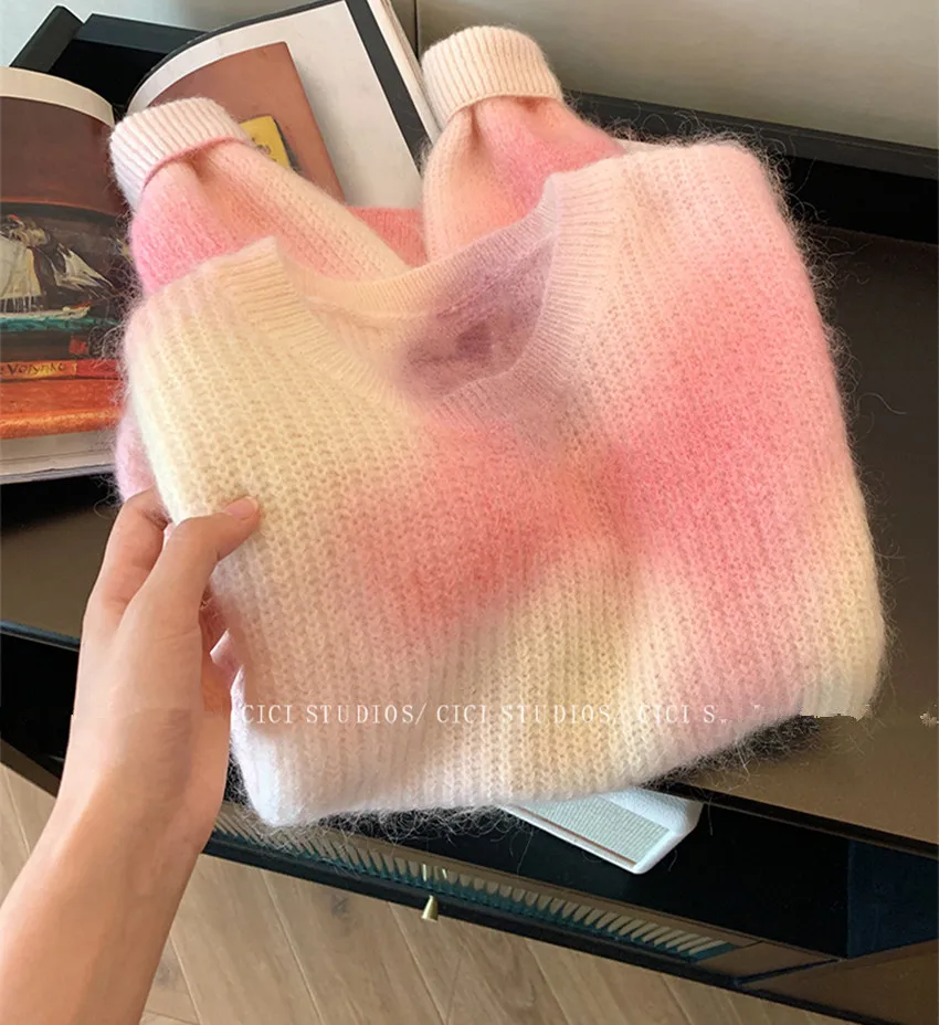 Sweet Girls New Autumn Winter Pink Gradient Soft Mohair Loose Pullovers Jumper Lazy Women O Neck Long Sleeve Knitting Sweater