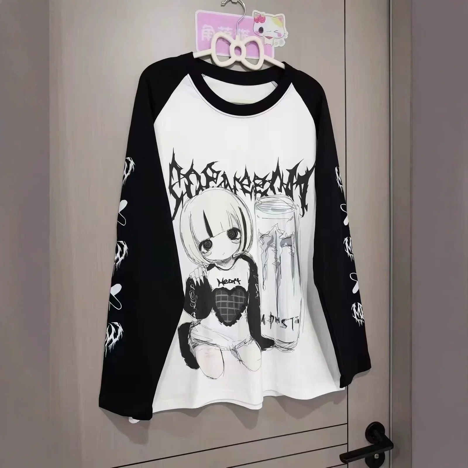 Cute Japanese-style Girl Cartoon Print Round Neck Long Sleeve T-shirt Spring and Autumn Two-dimensional Subculture Top