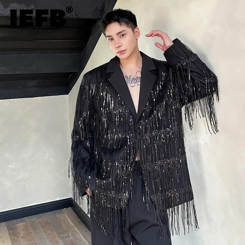 IEFB Niche Style Men's Blazers Tassel Double Layer Mesh Design Casual Tops Lapel Single Button Loose Male Suit Jackets 9C7541