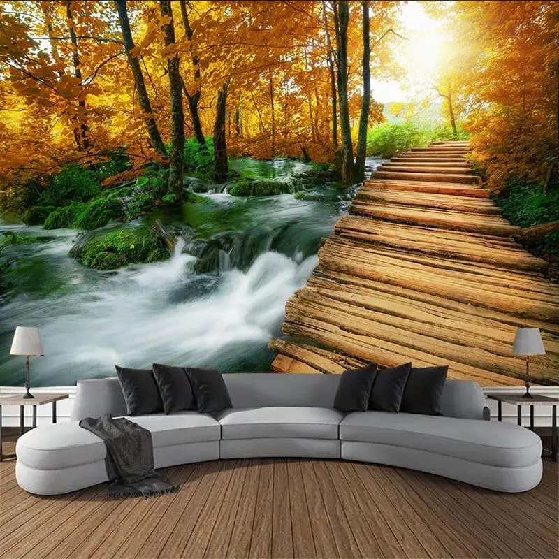 Fall Forest Tapestry Autumn Maple Leaves Wall Hanging Yellow Tree Natural Scenery Sunset Tapestries Nature River Jungle Path