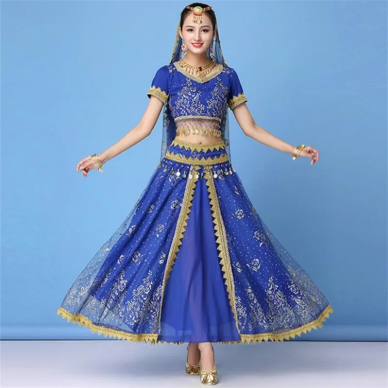 Indian Costumes Set Bollywood Belly Dance Stage Performance Chiffon Top Waist Chain Skirt Women Props