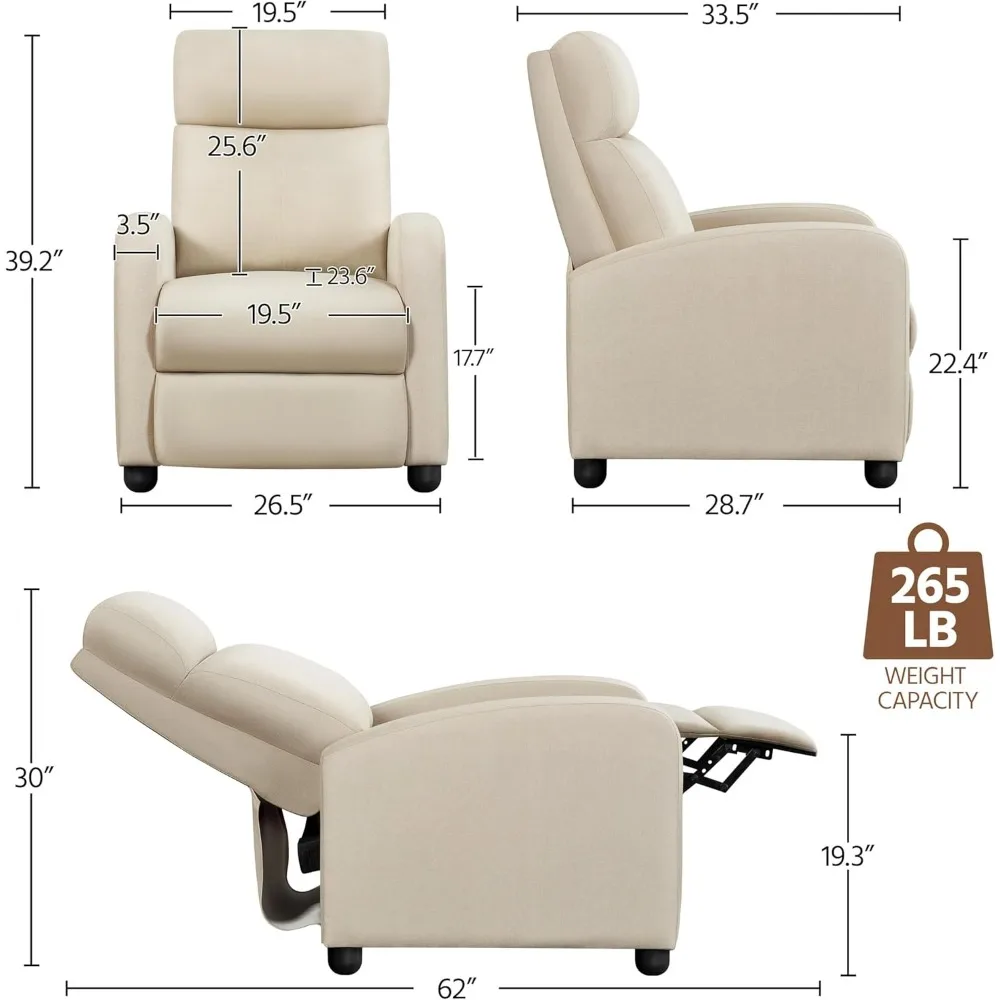 Silla reclinable de tela moderna, sofá individual ajustable con cojín de asiento más grueso y respaldo para sala de estar y hogar