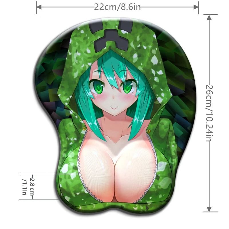 Alas Mouse Mosaik Gadis Anime Gaya Pixel Hijau dengan Penyangga Pergelangan Tangan untuk Gamer PC, Alas Mouse Hentai Payudara Besar