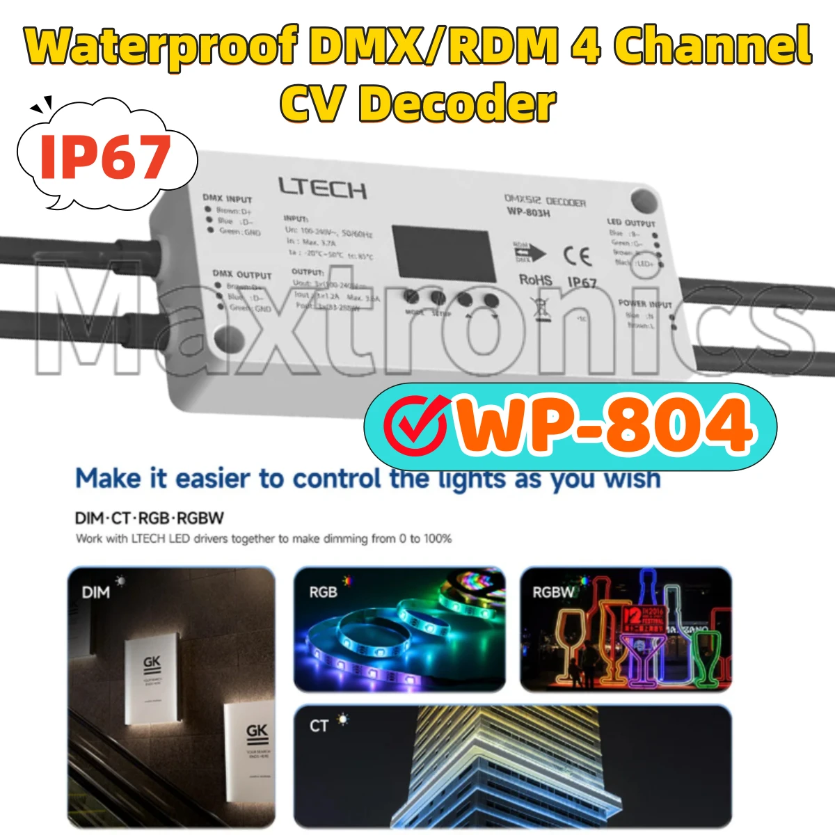 WP-804 LTECH IP67 Водонепроницаемый DMX512/RDM 4-канальный декодер постоянного напряжения DC12-24V 5A/CH 20A (4CH) OLED-экран для светодиодов