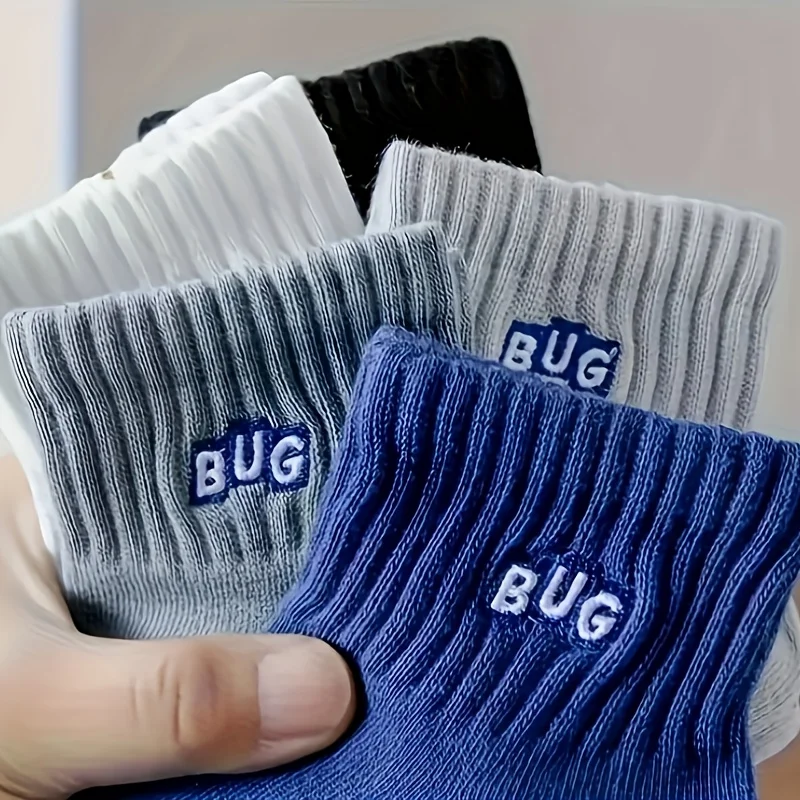 5-Pair Men's "BUG" Logo Breathable Invisible Socks-Elastic Ribbed Pocket Boat Design for Spring/Summer Wear in Multi-Color Pack