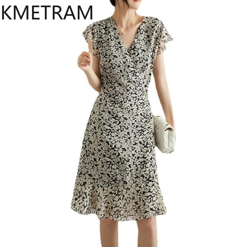 

KMETRAM Mulberry Silk Mid Length Dresses for Women 2024 Summer French Style Floral Skirt Tea Break A-Line Dress New Robe Femme