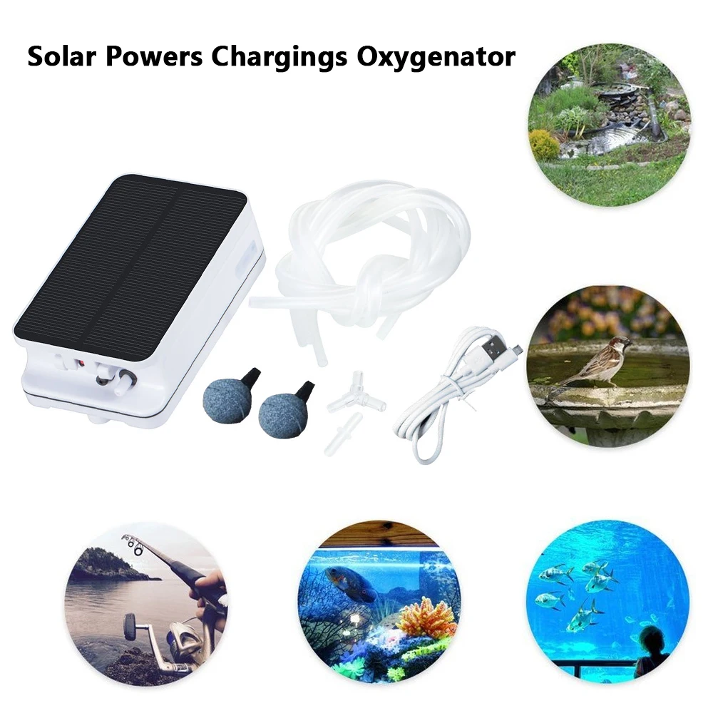 5V 290MA Solar Panel Oxygen Pump AC/DC USB Charging Air Pump for Fish Tanks Aquarium Portable Built-in Battery 3.7V 2200mAH