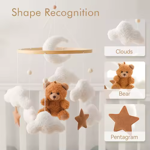 Wooden Crib Mobile Baby Bed Bell Rattle Toy Soft Felt Cartoon Bear Mobile bracket Newborn Music Box Bed Bell Hanging Bracket Toy - Image 4