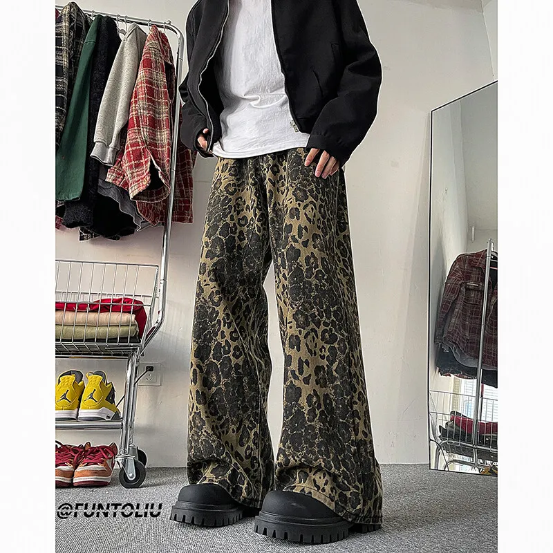 Trendy Leopard Print Jeans Man pants fasnion unisex American High Street Trousers Harajuku Style Baggy High Waist Casual Pants