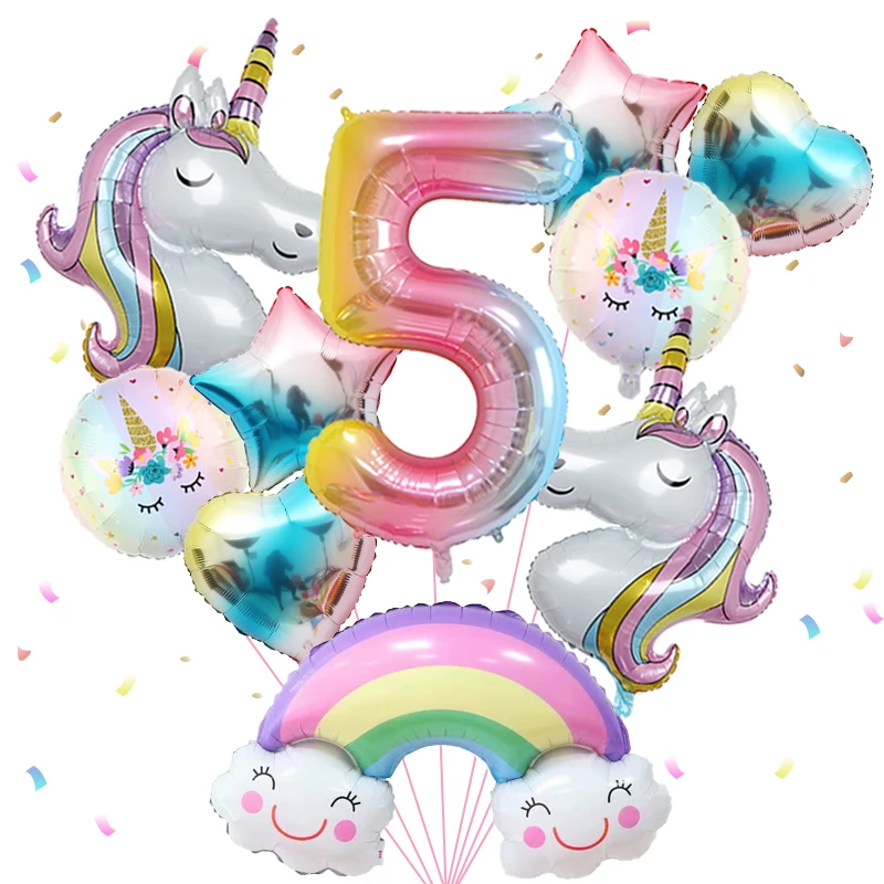 1 set regenboog eenhoorn meisje ballon aluminium film ballon set met lachende regenboogfolie 1e pasgeboren feestdecoratie benodigdheden