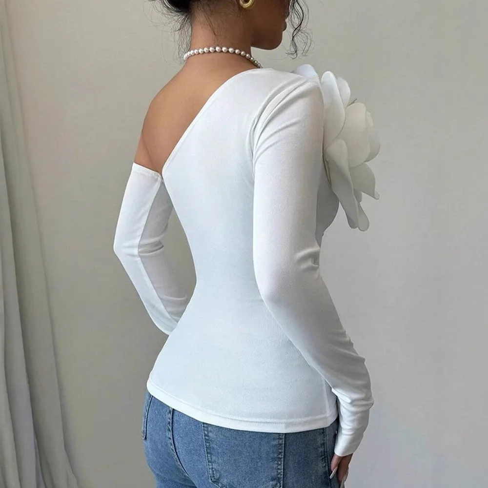 Dameskleding Nieuwe driedimensionale bloemdecoratie Off-shoulder topblouse met lange mouwen T-shirts