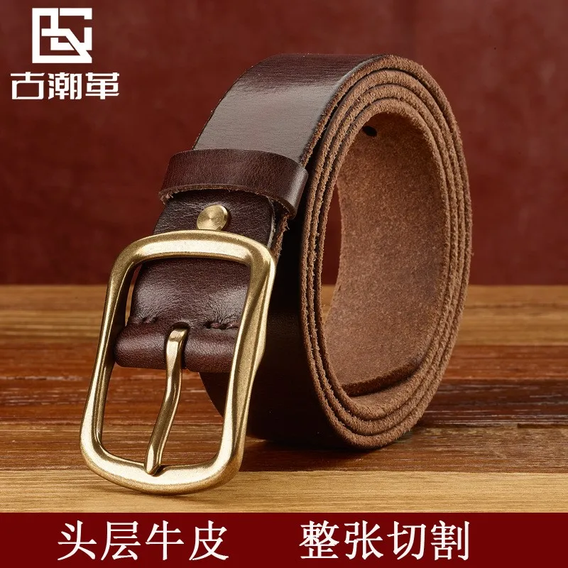 A pure handcrafted leather top layer belt for men versatile and casual