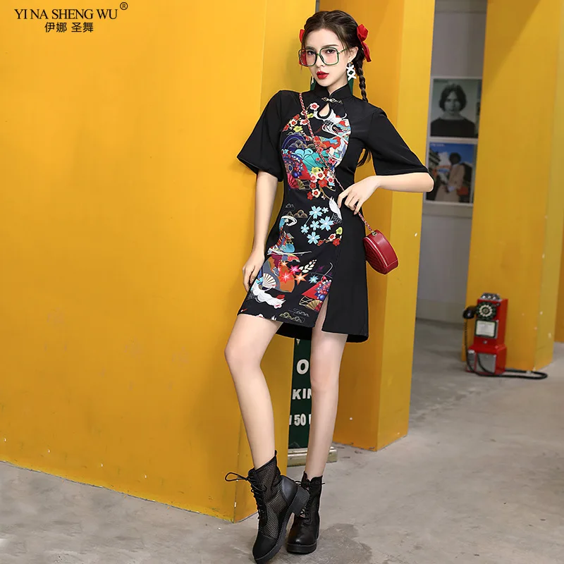 China-Chic Cheongsam Young Girls Short Black Chinese Traditional Clothes Chinese Dress Qipao Dress Vestido Short Sleeve Dress