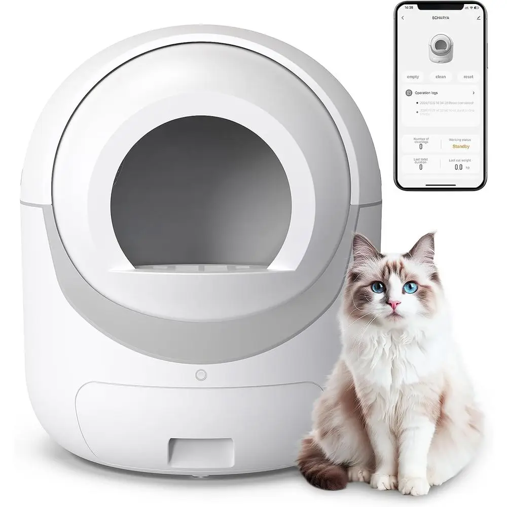 

App-Controlled Automatic Cat Litter Box for Multiple Cats with Odor Control and Safety Features, Includes Garbage Bags