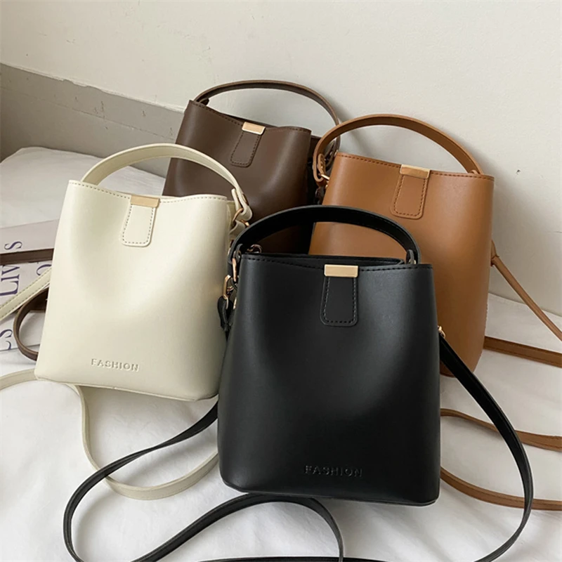 Retro Bucket Bag New Ladies Trendy Fashion Simple Shoulder Bag Bucket Type Solid Color Texture PU Messenger Bag High quality