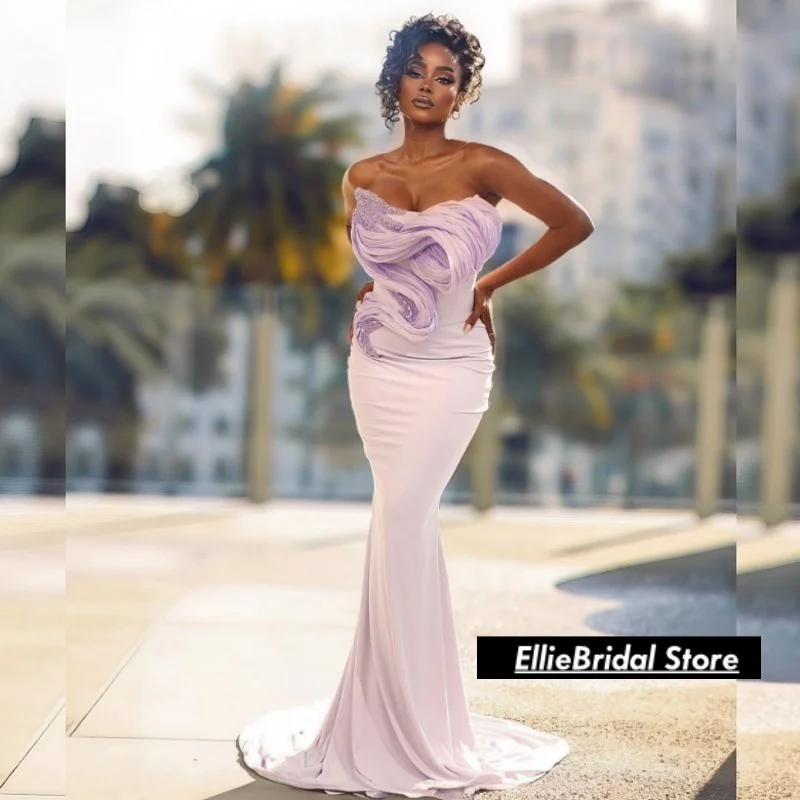 

Light Lilac Strapless Evening Dresses Exquisite Beaded Applique Wedding Party Dress Long Mermaid Prom Gowns Customized Gala Gown