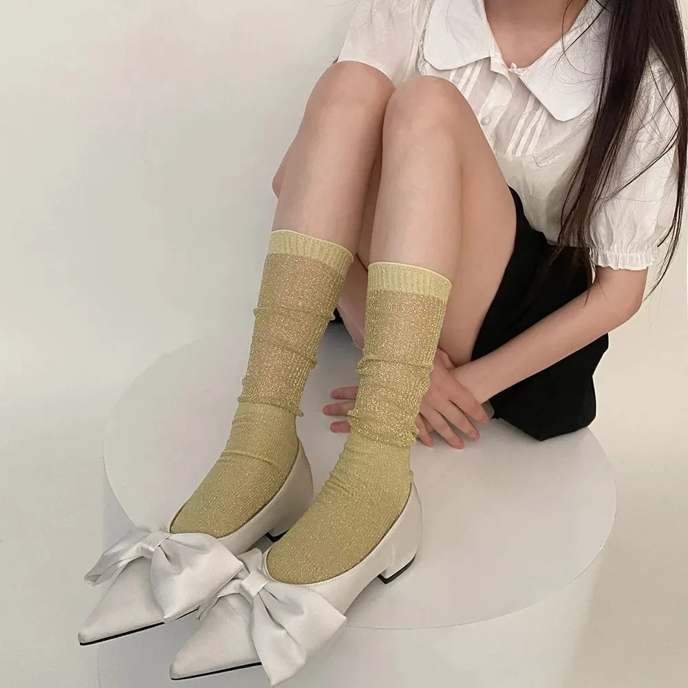 Thin Silver Silk Socks Women Lolita Kawaii  Women Socks Nylon Breathable Girl Loose Long Sock Summer Korean Fashion Solid Color