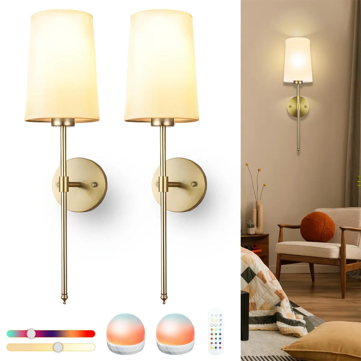 

Battery Operated Wall Sconces Set of 2, 15 RGB Color Fabric Shade Wall Light with Remote Control And Dimmable USB Rechargeable Light Bulb, Indoor Wall Lamp for Bedroom Living Room