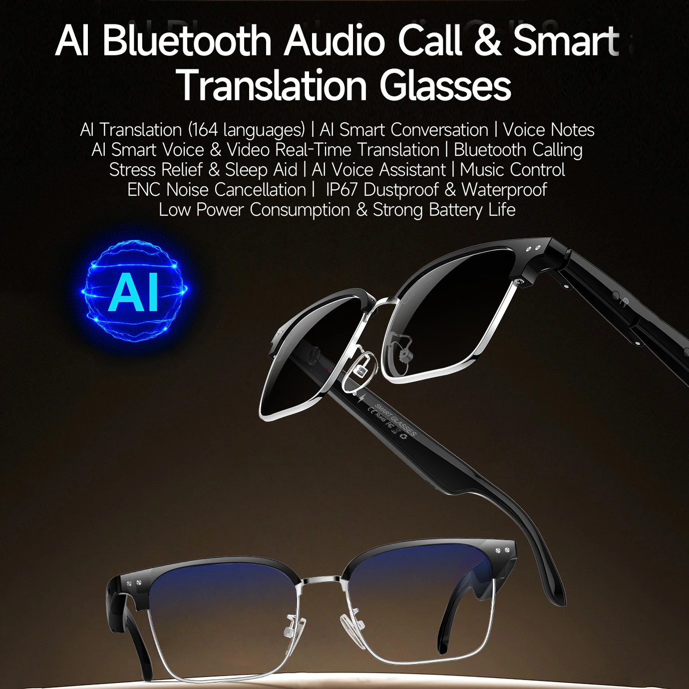 Domars Smart Glasses AI Bluetooth Audio Call Intelligent Dialogue Video Translation Voice Assistant Waterproof Sunglasses