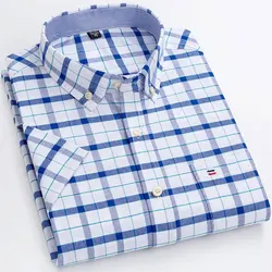 7XL Oversized Men's Summer 100% Cotton Plaid Striped Short-Sleeve Shirt Slim Fit Luxury Business Casual T-Shirts Oxford Clothing