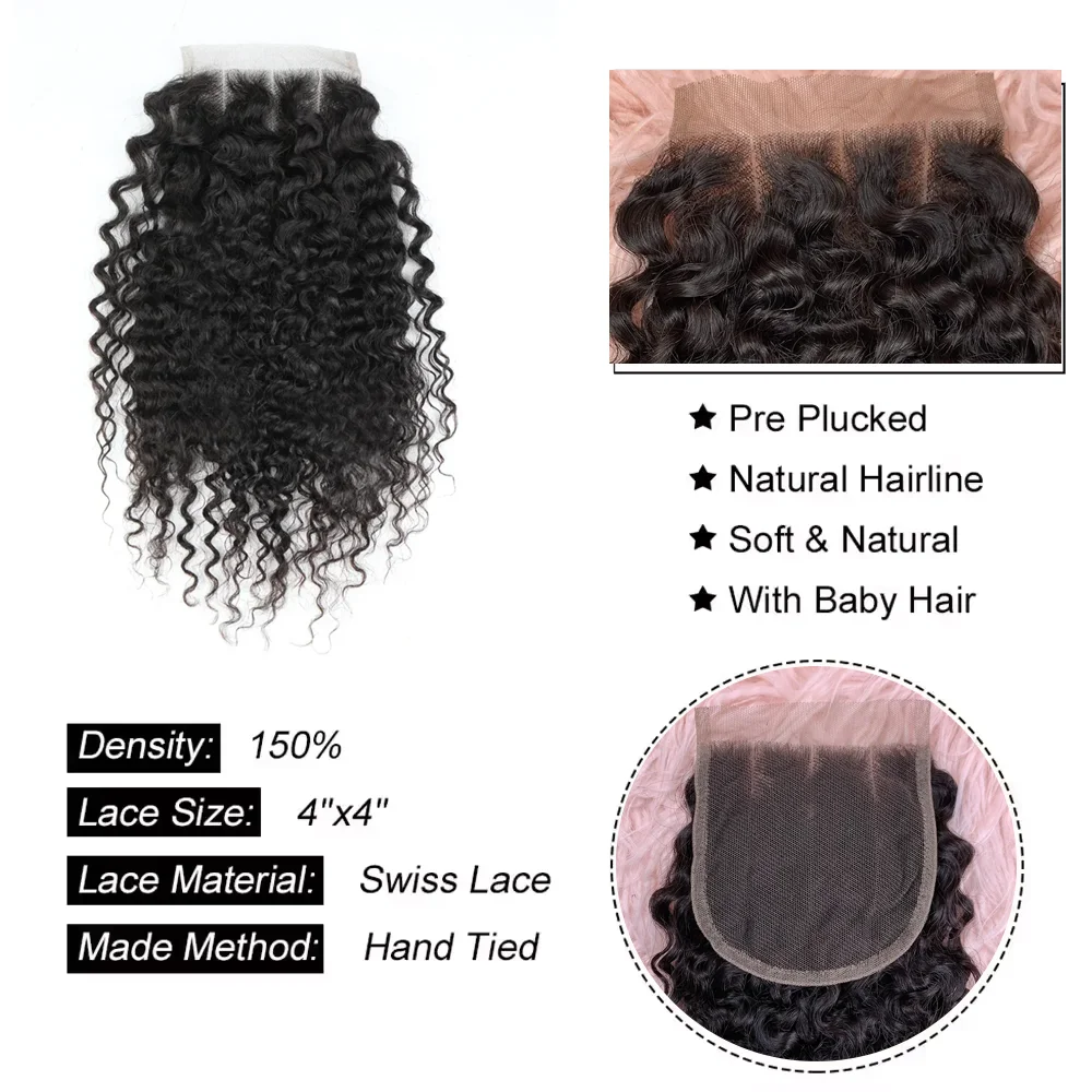 4x4 Lace Front Closure 100% Hand Tied Lace Closure Nature Remy Pixie Curl Human Hair Transparent Lace Closure Only Three Parts