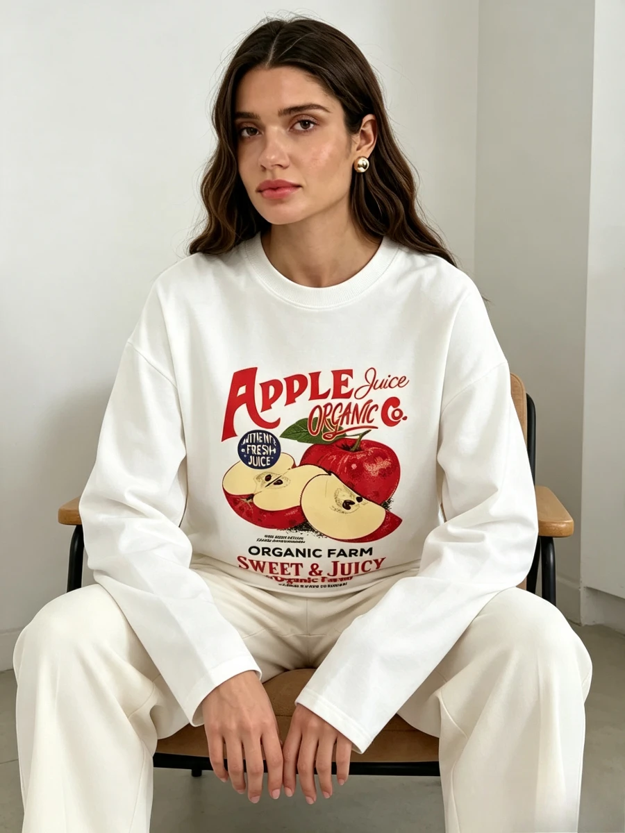 100% Cotton Women T‑Shirt Apple Juice Organic Farm Fruit Graphic Print Long Sleeve Loose Fashion Basic Base Top Spring Autumn