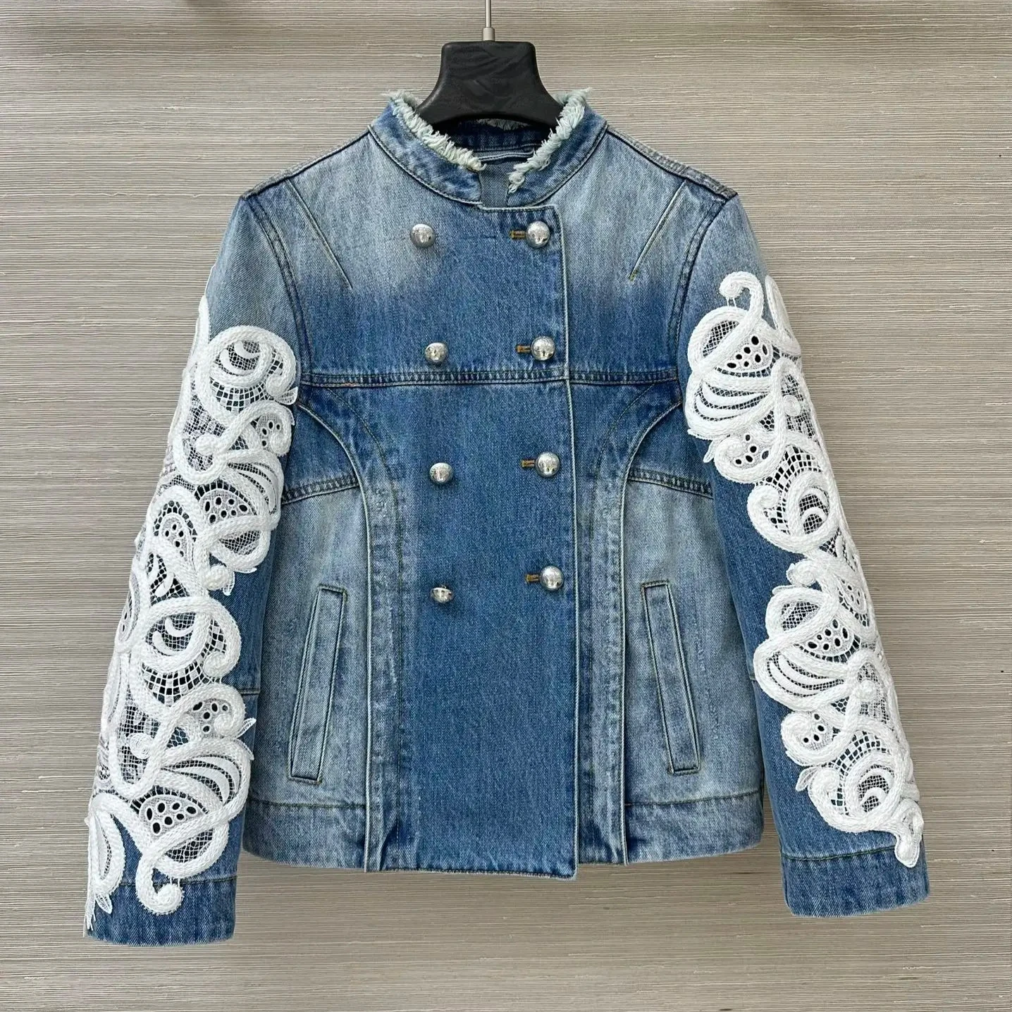 Women Lace Embroidery Cotton Denim Jacket Double Breasted Stand Collar Long Sleeve Fashion Coat