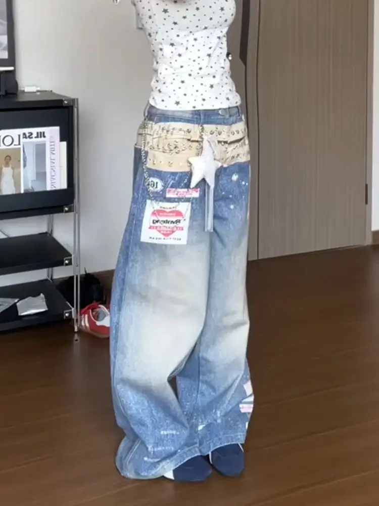 ديبتاون الأزرق خمر الجرافيك المرأة المتعثرة الجينز غسلها واسعة الساق النمط الأمريكي مستقيم سراويل جينز فضفاض عادية Gyaru